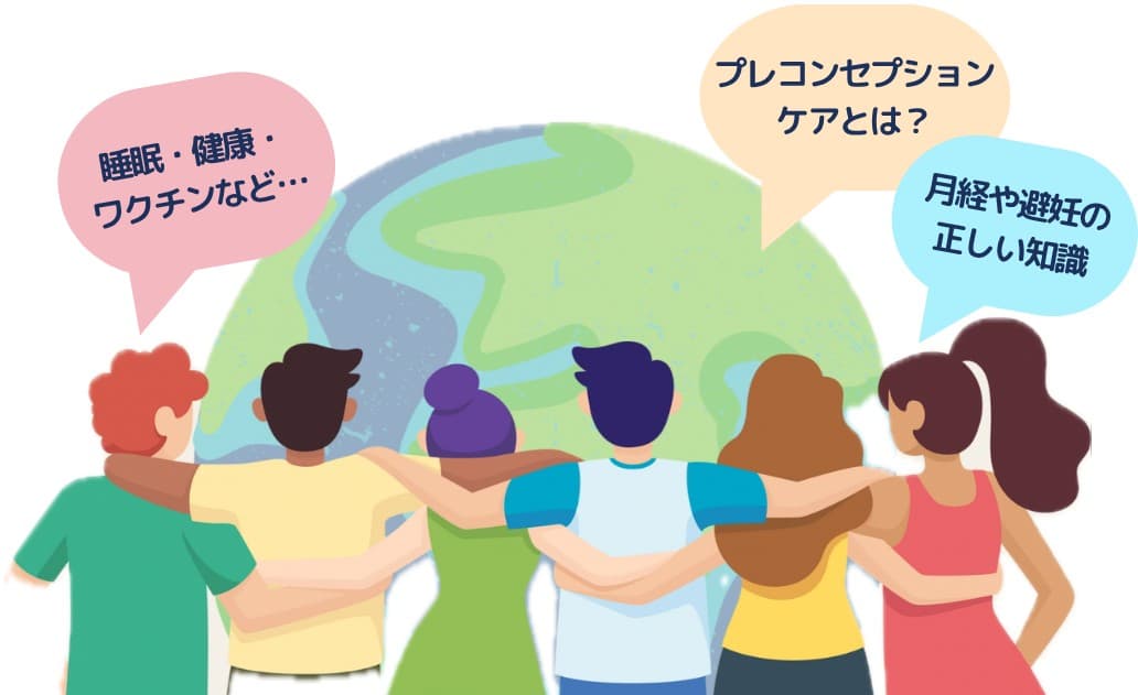 地球を背に肩を組む6人の後ろ姿のイラスト。吹き出しが3つ（睡眠・健康・ワクチンなど…／プレコンセプションケアとは？／月経や避妊の正しい知識）