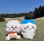 ゴルフ場の芝の上に並んだキャラクターのぬいぐるみ2体