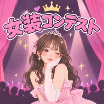 ピンクのドレスとティアラ姿の人物を描いた「女装コンテスト」のイラスト