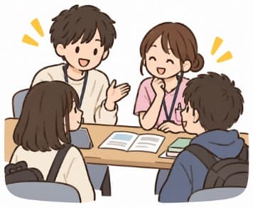 テーブルを囲んで話す4人の学生のイラスト